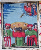 Ausschnitt aus dem Ablassbrief der Kapelle Heilig Blut bei Willisau, 1517: Männer beim Würfelspiel (StALU URK 481/8587)