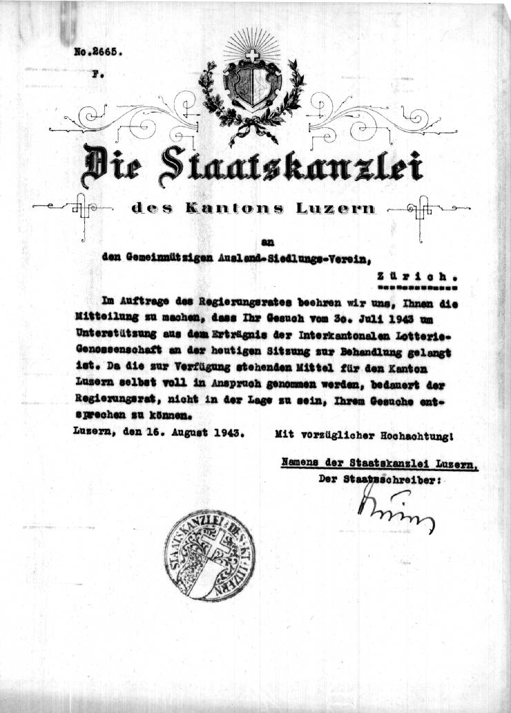Unterstützungsgesuch des Gemeinnützigen Ausland-Siedlungs-Vereins, 1943